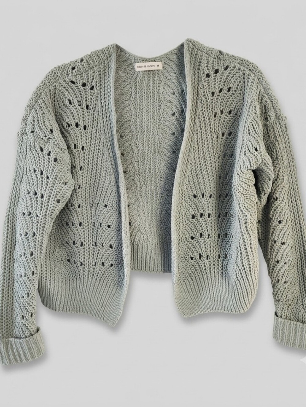 Sage Green Cottagecore Chunky Pointelle Crop Cardigan | Moon & Madison Coquette